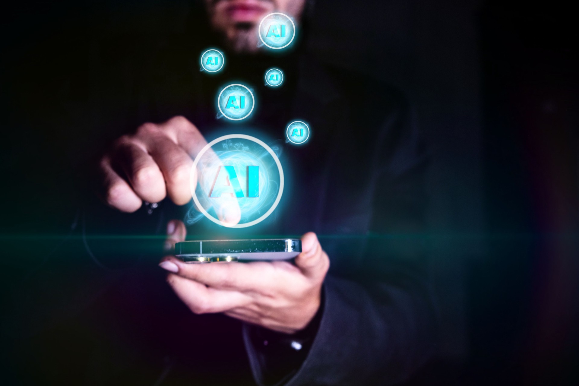 Close up of businessman hand holding mobile phone with creative AI hologram