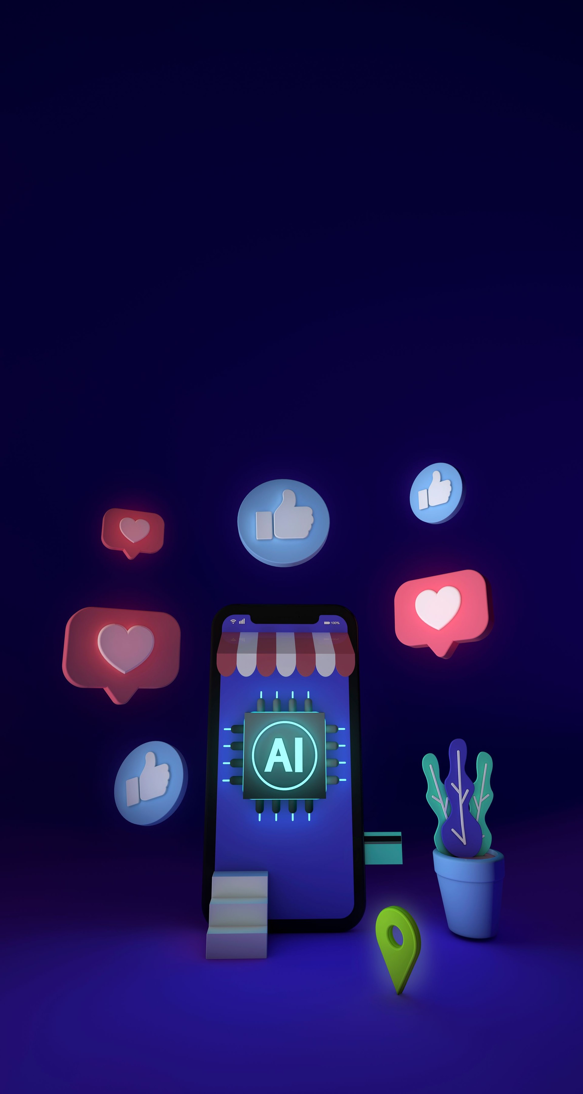 Digital marketing concept with artificial intelligence. Tent-shaped mobile phone with AI chip. Vertical with neon theme