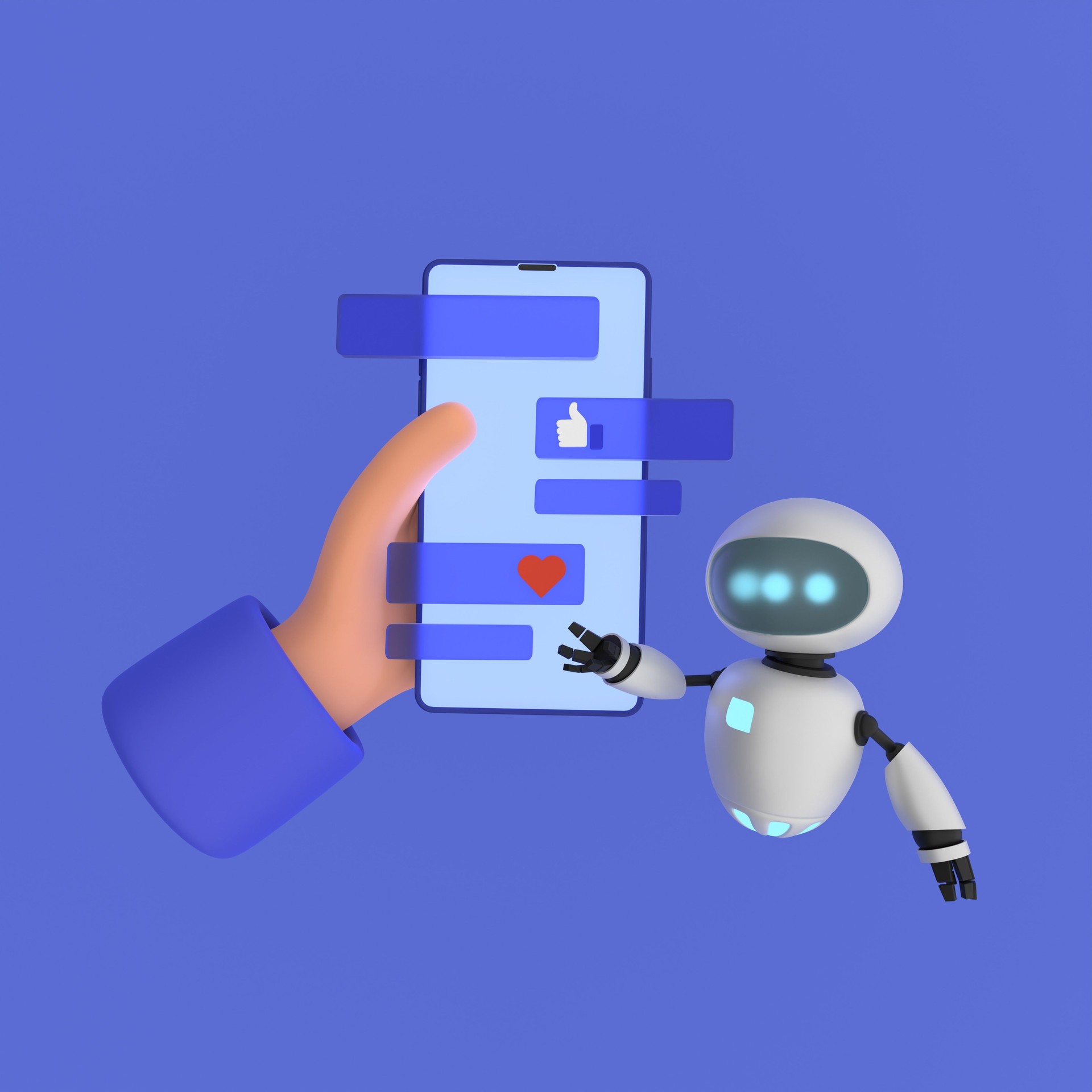 Futuristic AI robot interacts with a smartphone in a human hand