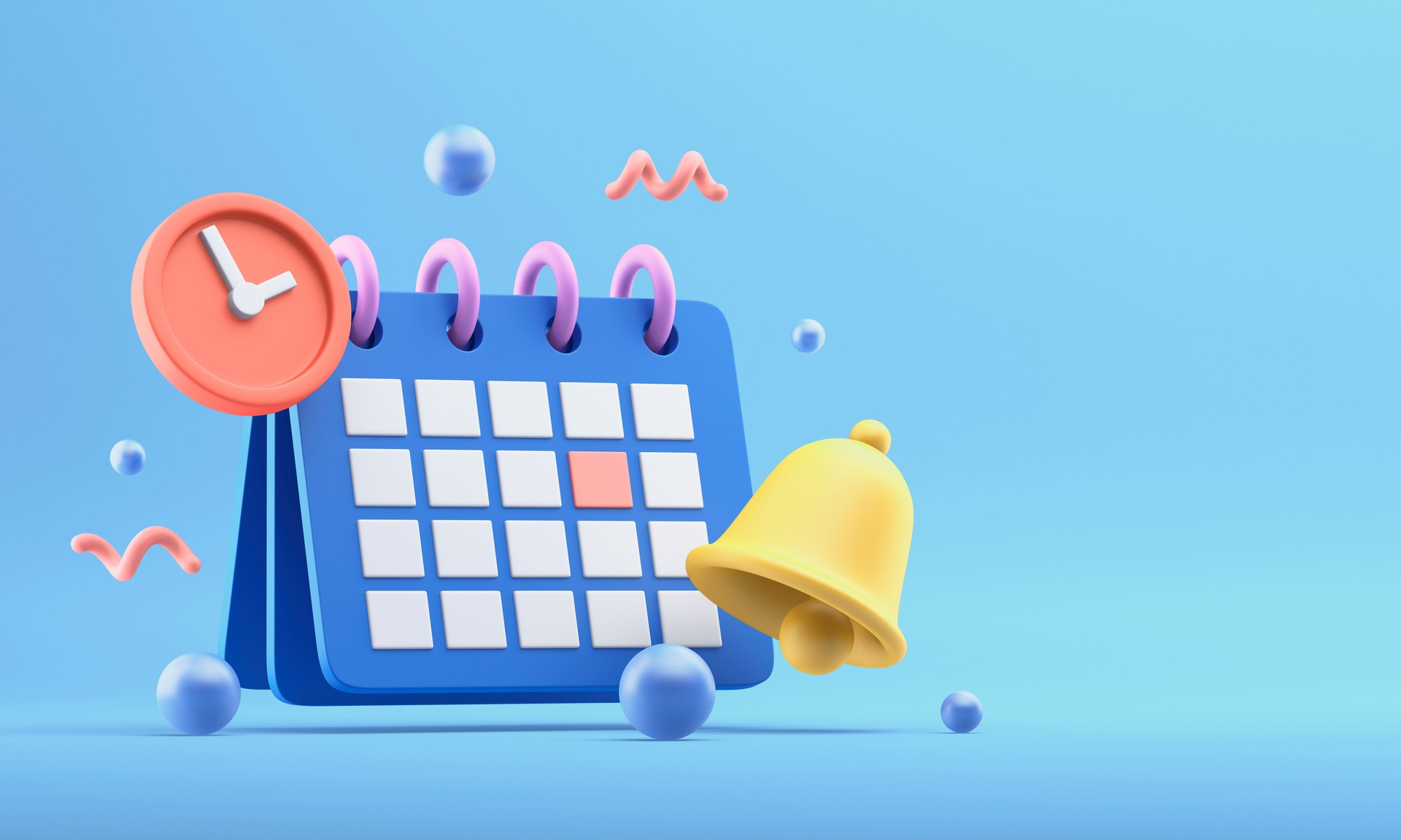 Calendar with clock and notification bell on the blue background