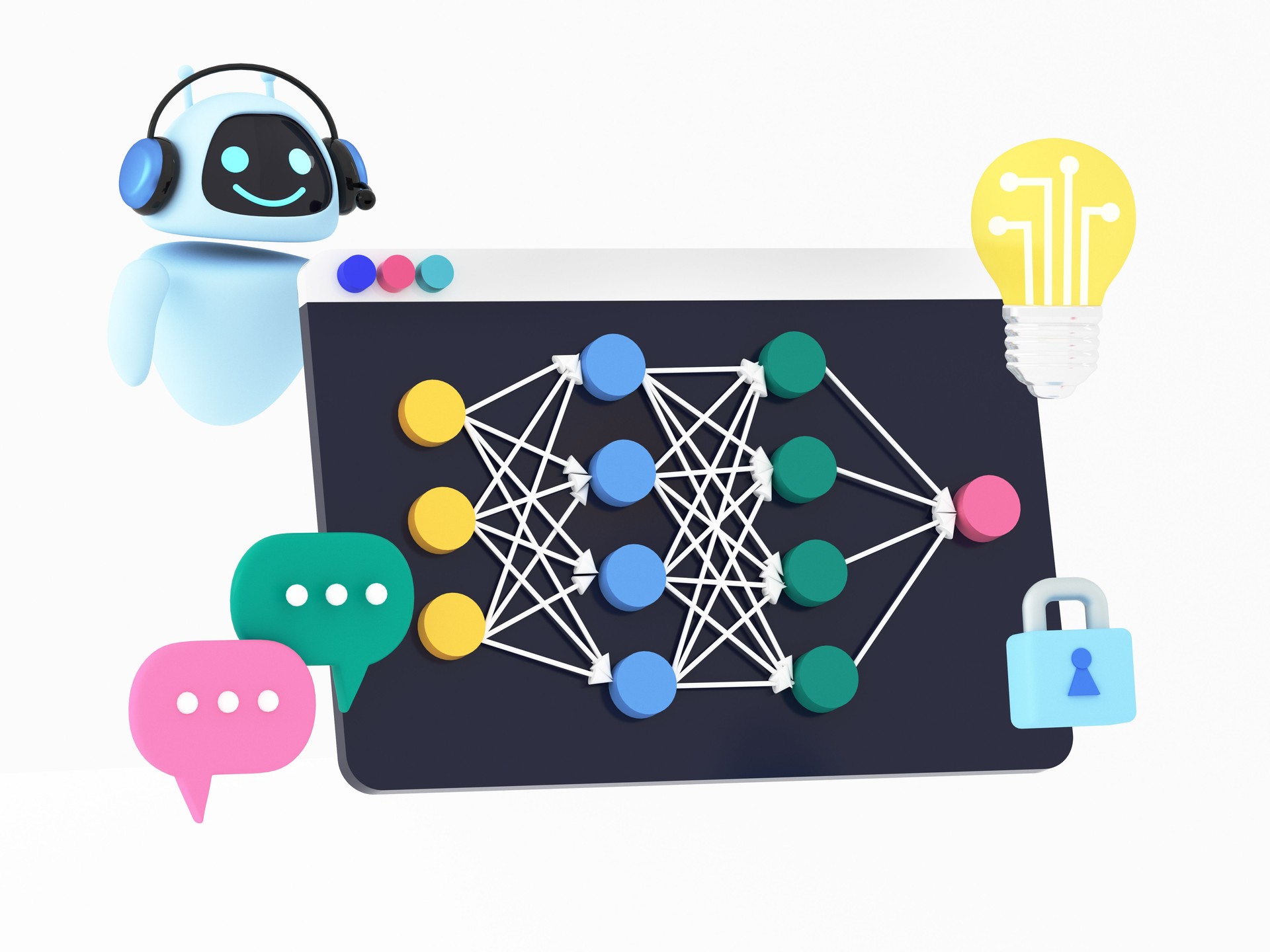 Web screen with artificial intelligence, programming machine, learning neural network. Deep Learning Illustration concept. AI server, data security and robot technology, 3d render illustration.
