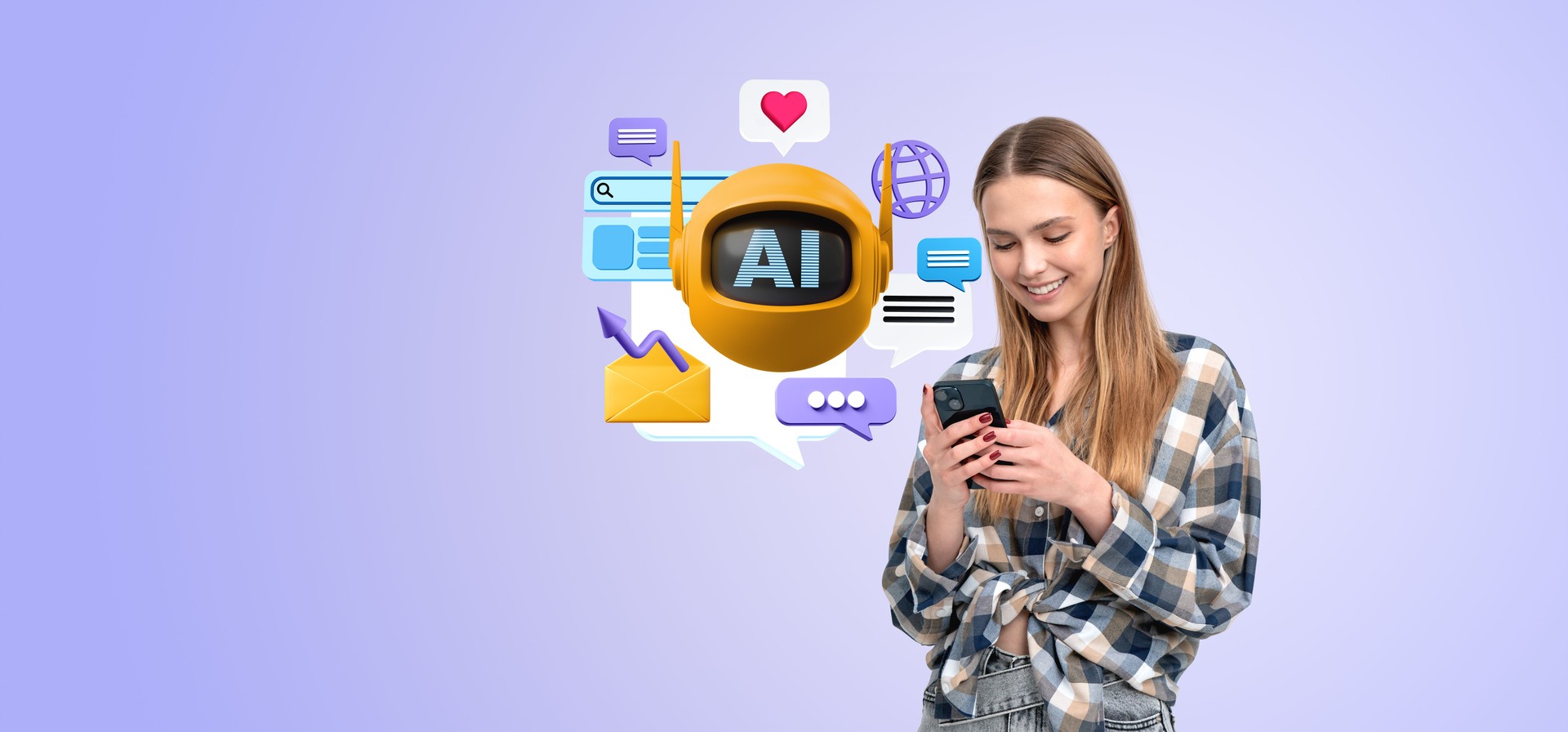 Woman using smartphone, robot with social media icons. Copy space