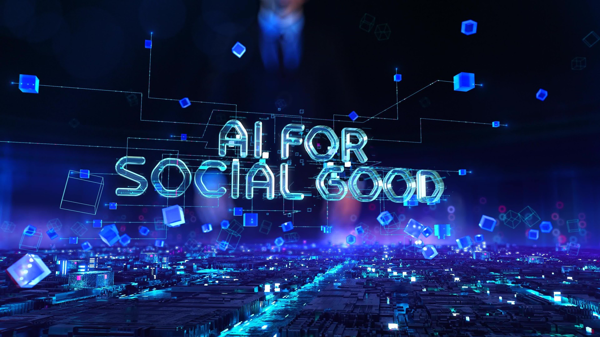 AI for Social Good- businessman working and touching virtual reality at office.